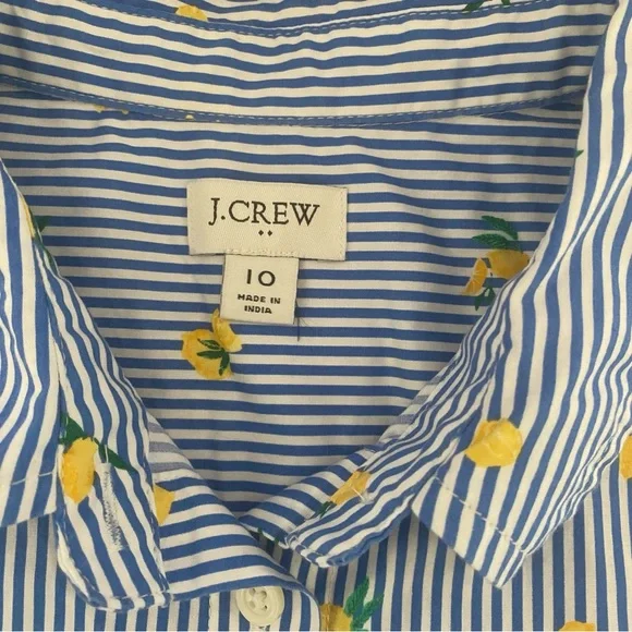 J.Crew Lemon Print Shirt Dress Blue Striped Sleeveless Belted Summer Size 10 - Picture 6 of 10